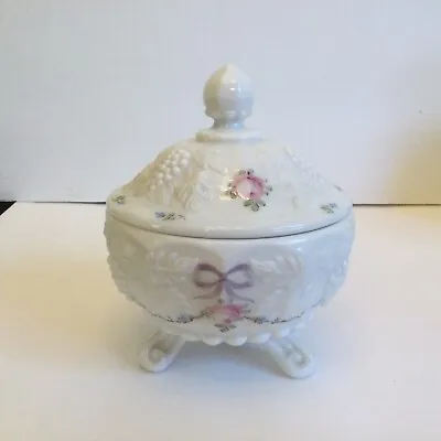 Westmoreland Milk Glass Paneled Grape Handpainted Roses & Bows W/Lid Candy Dish • $17