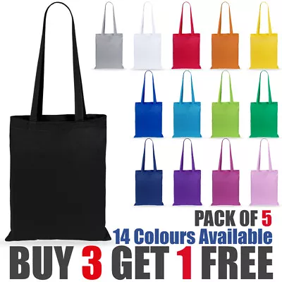 5 X 100% Premium Cotton Canvas Shopping Bag Shoulder Tote Shopper Bags Reusable • £8.99