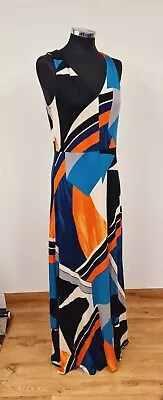 Monsoon Multicoloured Maxi Dress 10/12 V Neck Stretch Abstract Orange Blue READ • £26.90