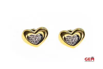 Movado Puff Heart Diamond Pave Studs 18K Yellow & White Gold Pair Earrings • $699.99