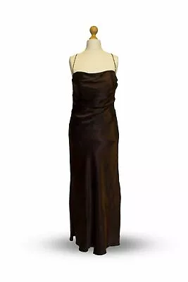 Stunning Low Back Mocha Full Length Satin Beaded Strap Dress Party Wedding 6-18  • £10