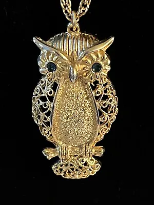 Vintage Large Filigree Owl Pendant Gold-Tone Textured Cable Chain • $12