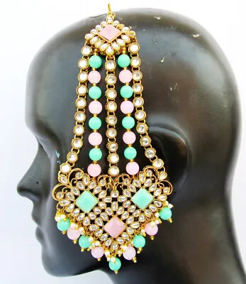Kundan Gold Tone Pearl Maang Tikka Bollywood Indian Bridal Jewelry Matha Patti • $18.26