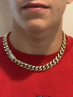 Miami Cuban Chain 14k Gold Plated SS Men Hip Hop Choker Iced CZ Box Lock 14mm • $58.13