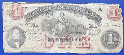 Obsolete Currency - One Dollar Virginia Treasury Note 1862 Circulated #736111 • $49.99