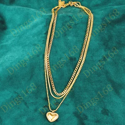 Solid 18K Gold Filled Bead/Snake/Curb Chain Heart Pendant 3-row Layered Necklace • $18.98