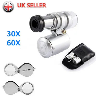 60X 30X LED Glass Magnifier Mini Pocket Microscope Jewellers Jewellery Loupe • £3.48