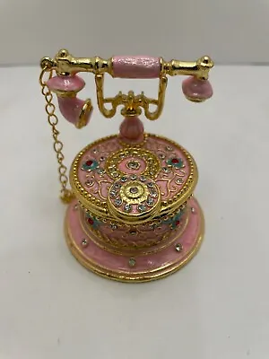 Old Fashion Antique Phone Hand Painted Mini Bejeweled Hinged Trinket Jewelry Box • $15