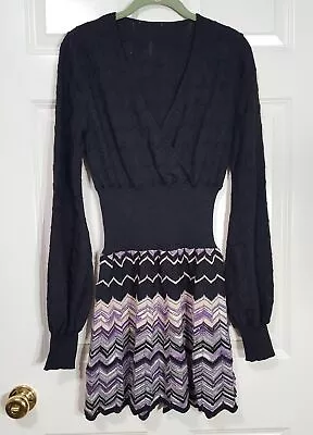 MISSONI Wrap Front Chevron Knit Long Sleeve Mini Short Dress Black Purple Pink 8 • $49.99