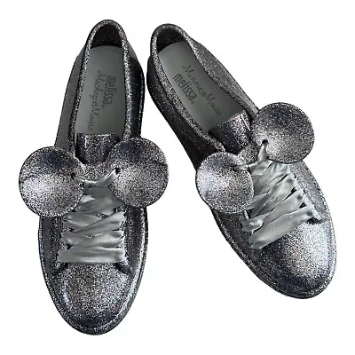 Melissa Women's BE+Disney PVC Lace Up Mickey Ears Jelly Sneakers Silver Size 7 • $60