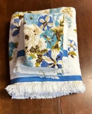 Vintage Cannon Retro Blue Floral Bath Towel Hand Washcloth Fringe 3-Pc Lot • $24.99