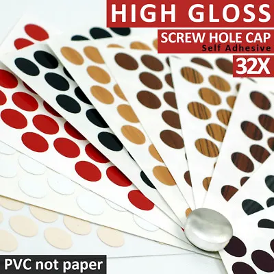 32 SCREW CAPS HIGH GLOSS SELF ADHESIVE PVC STICK ON FURNITURE HOLE COVER 18mm • £2.99