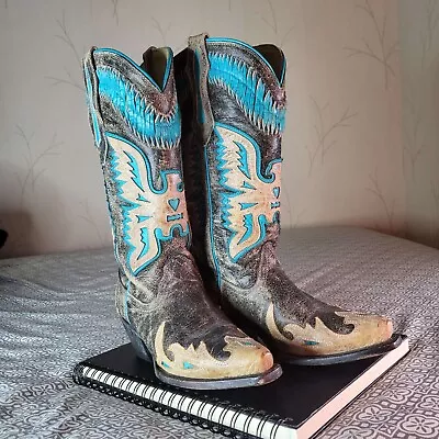 Corral Top Eagle Overlay Cowboy Boot Women's 5 Black/Brown/Blue Snip Toe R2289 • $115