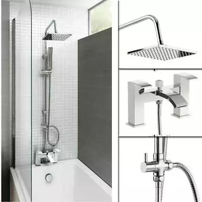 Chrome Waterfall Bath Shower Mixer Tap And 3 Way Square Rigid Riser Shower Kit • £99.99