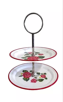 Metal Red And White Tidbit Tray 2- Tier Cupcake Stand Floral Design Kitchen Deco • $32