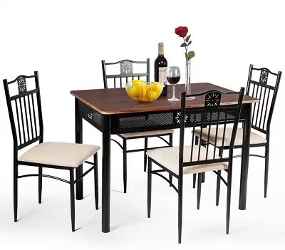 5 Piece Dining Table And Chairs Set Vintage Retro Wood Top Metal Frame Padded Se • $226.99