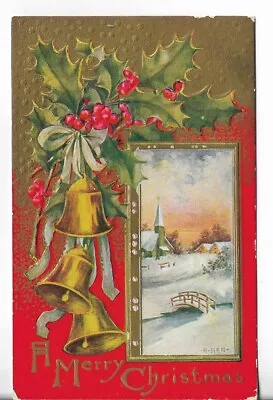 VTG Christmas Postcard-Red W/Gold Bells - Church Scene Bridge Merry Christmas • $2.99