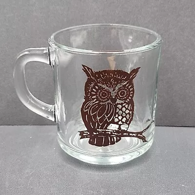 Vintage Anchor Hocking Clear Glass Owl Mug Cup Brown Enamel Bird Small • $12