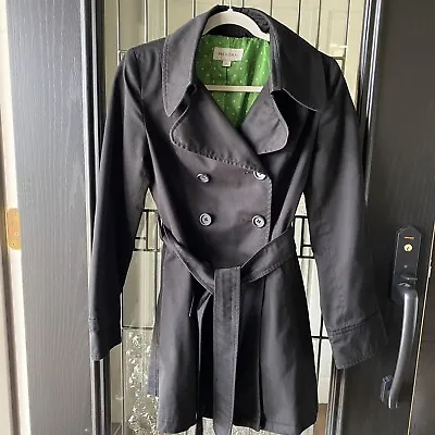 Women's Coat Black Jacket Mid Length With Belt MEDIUM Green Satin Lining • $16.19