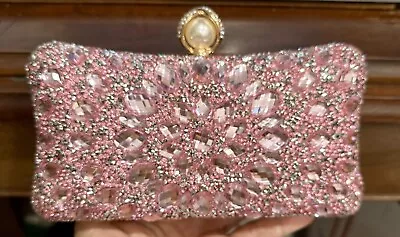 Boutique De FGG Cute Pink Crystal Box Clutch Shoulder Evening Bags Wedding Party • $34.99