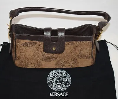 Vintage Gianni Versace Medusa Logo Signature Canvas Brown Leather Handbag Purse • $375
