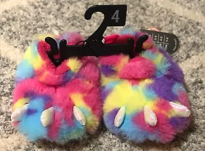 Baby Girls Slippers RAINBOW DRAGON MONSTER FEET / CLAWS Faux Fur SIZE 4 • $5