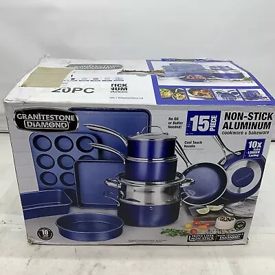 $134.99 • Buy Granitestone Blue Nonstick Pots And Pans Set, 15 Piece Cookware & Bakeware Se...