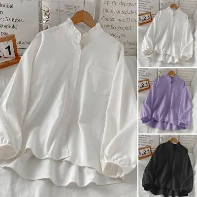 £14.63 • Buy Women Puff Sleeve Blouse Pleated Ruffle Neck High Low Hem Loose Cotton Shirt Tee