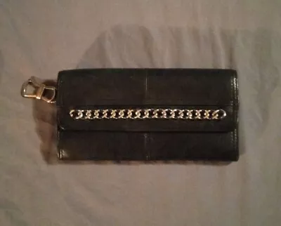 B. Makowsky Black Leather Clutch Fold Over Wallet With Chain Link Accent • $25