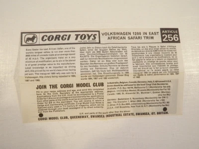 £7 • Buy Corgi Model Club Flier For Volkswagen 1200 In East African Safari Trim. Art.256