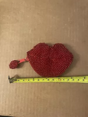 Vintage Marshall Field / Hudsons Brand Beaded Red Lips Coin Purse - Indeed - • $9.99