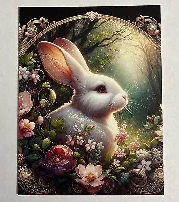 SWEET EASTER WHITE RABBIT BUNNY FLOWERS ART POSTCARD PRINT SEE PHOTO 4 1/4 X5.5” • $5.99