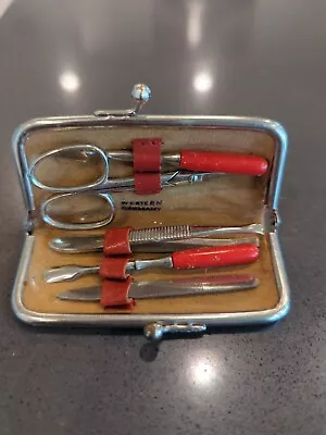 Vintage Grooming Travel Kit Trim Nail Trimming Hygene Red Leather   • $20