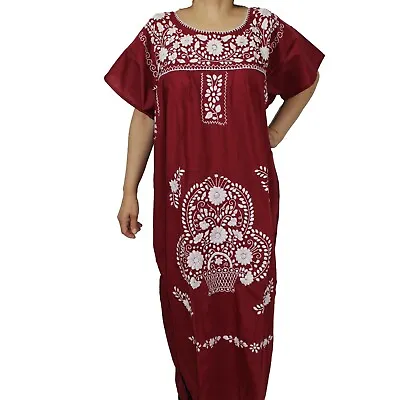 Burgundy White Peasant Mexican Dress Tunic Boho Hand Embroidered Puebla Dress • $29.99