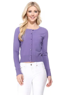YEMAK Women's Long Sleeve Crewneck Cropped Button-Down Cardigan Sweater MK5502 • $19.35