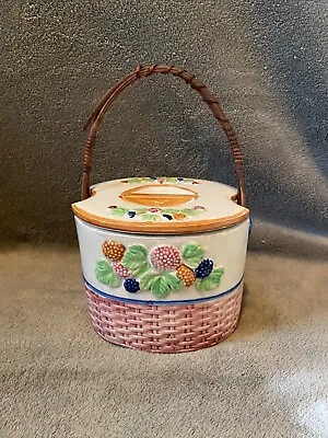 Vintage Cookie Jar/Biscuit Jar W/ Wicker Handle Basket Weave Berries - Japan • $12.50