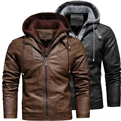 Winter Men PU Leather Jacket Fleece Faux Fur Coat Warm Motorcycle Hoodie Outwear • £44.02