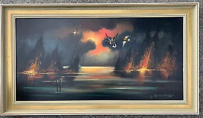 Marsh On Fire Vintage Original Oil Painting Canada Artist 44” Geese Eco Disaster • $325