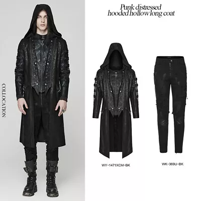 Punk Rave  Rapper Rock Long Coat Men Black Zipper Pu Leather Long Hooded Jacket  • $224.99