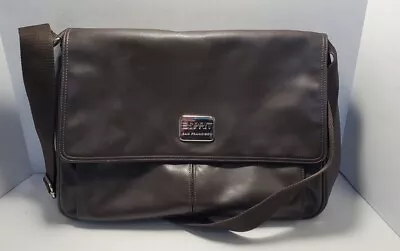 Vintage 80s Esprit Brown Leather Messenger Bag Crossbody Canvas Adjustable Strap • $19.99
