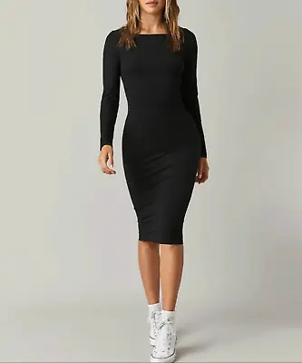 £7.99 • Buy Womens Ladies Round Scoop Neck Long Sleeve Bodycon Midi Dress Plus Size 8 To 24