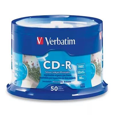 Verbatim CD-R 700MB/80min/52X - 50 Pack Spindle Silver InkJet Printable • $21.17