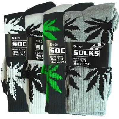 3 Pairs Men Sports Leaf Weed Marijuana Crew Cotton Long Socks Size 9-11 10-13 • $7.99