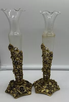 2 Vintage Matson Ormolu Hollywood Regency Vanity Glass Bud Vases  Ormolu Dahlias • $72