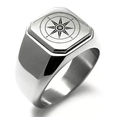 Stainless Steel Nautical Wind Compass Mens Square Biker Style Signet Ring • $15