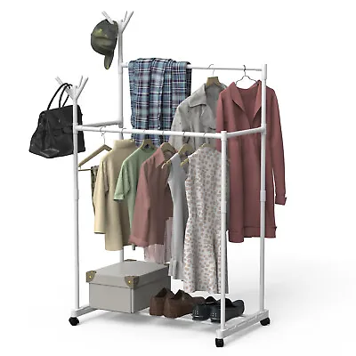 Heavy Duty Metal Clothes Rail Rack With Storage Shelf Double Hanging Rails Stand • £12.99