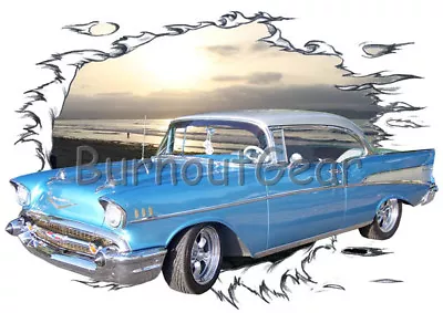 1957 Blue Chevy Bel Air A Custom Hot Rod Sun Set T-Shirt 57 Muscle Car Tee's • $47.99