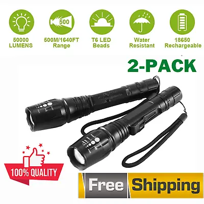 2X Tactical T6 LED Flashlight 50000Lm Aluminum Torch Zoomable 5 Modes +18650 BAT • $25.99