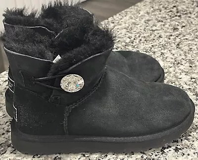 UGG Womens Boots Sz 5 Bailey Button Short Bling Sheepskin Suede Swarovski Black • $54.99