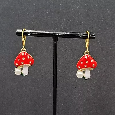 Mushroom Pierced Earrings Faux Pearl Enamel Red White Polka Dot Dangle 3/4  • $12